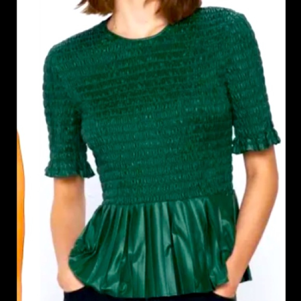 zara faux leather green top